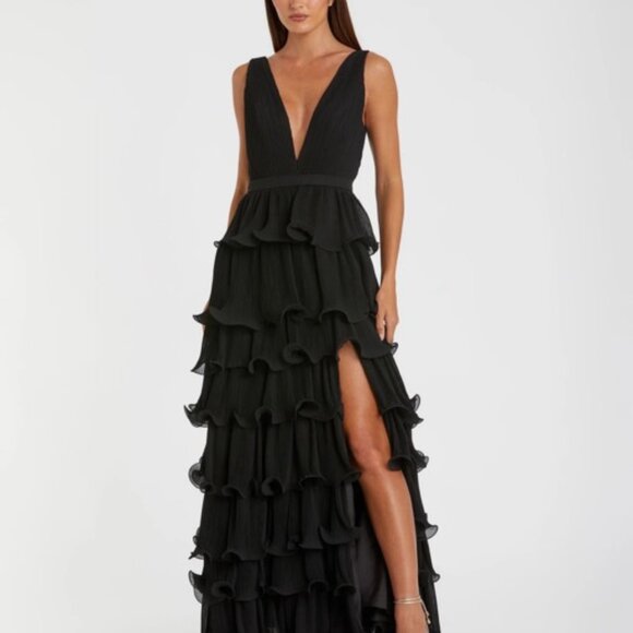 Soft Sage Green Sleeveless Ruffle Tiered V Neck Gown - Picture 1 of 12